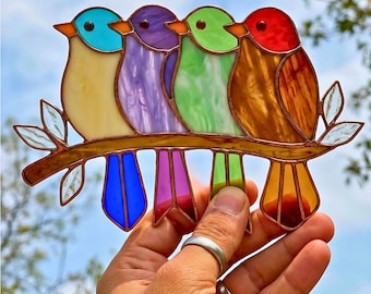 Colorful Birds on Branch Stained Glass Pattern | Rainbow Bird Suncatcher Template | Digital Download