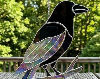 Raven on the Branch Stained Glass Pattern | Gothic Bird Suncatcher Template | Crow Window Hanging | Modern Glass Art PDF