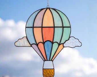 Rainbow Hot Air Balloon Stained Glass Pattern, Suncatcher Template, DIY Craft (Digital Download)