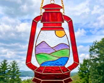 Red Camping Lantern Stained Glass Pattern | Mountain Sunset Suncatcher (Digital Download)