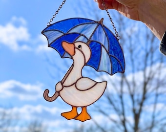 Duck with Umbrella Stained Glass Pattern | Suncatcher Digital Template | Nursery Wall Art & Home Decor