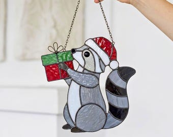 Christmas Raccoon Stained Glass Pattern, Beginner Suncatcher Template (PDF Download)