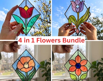 Stained Glass Flower Suncatcher Patterns | Tulip, Floral Designs (Digital Download)
