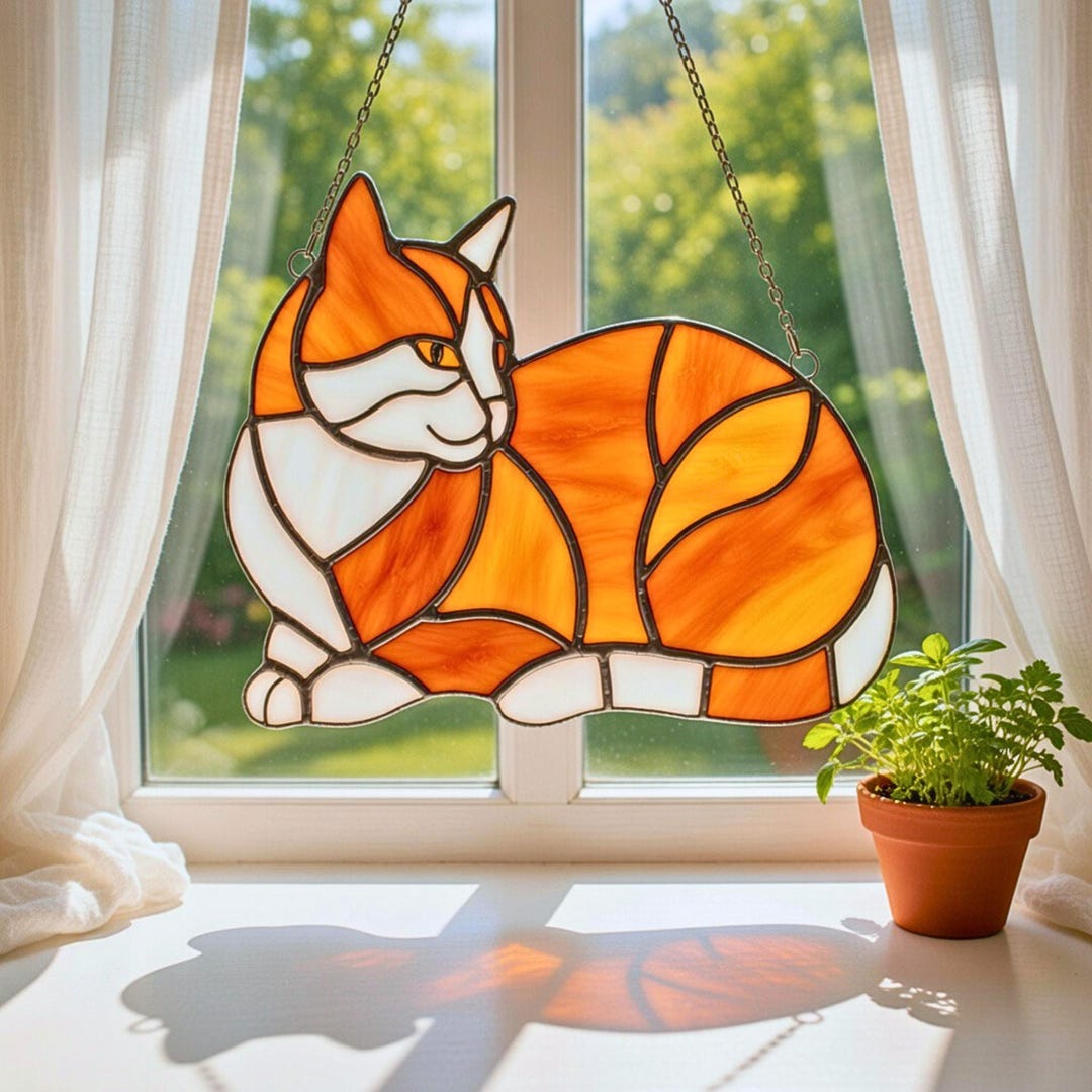 Sleeping Cat Stained Glass Pattern, Suncatcher Template, Woodland ...