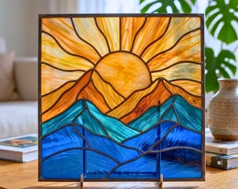 Sunrise Mountain Stained Glass Pattern | Sun Suncatcher Landscape Panel Template (Digital Download)