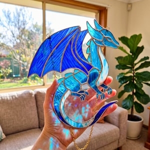 Motivo a vetrata con drago / Modello acchiappasole con drago fantasy / Decorazione per la casa e arte murale