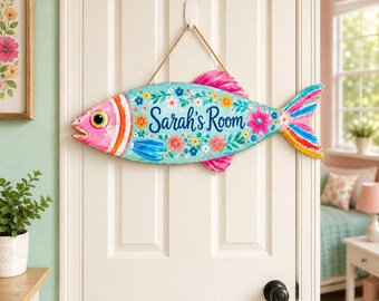 Personalized Fish Room Sign, Coastal Tropical Kids Decor, Beach Nursery Hanger
