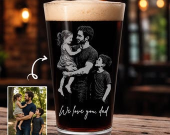Custom Dad Gift Photo With Kids, Etched Picture Pint Glass, Father's day Gift, Dad Gifts, Unique Glassware For Him, Custom Dad Portrait Gift