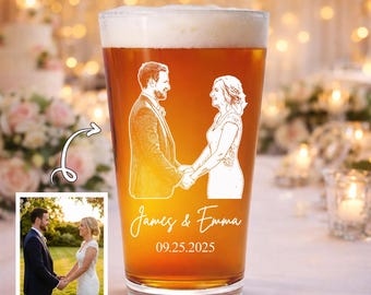 Personalized Anniversary Gift for Him, Engraved Wedding Photo Pint Glass, Wedding Keepsake, Couple Gift Ideal, Engagement Gift