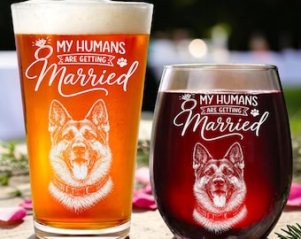 Vaso de regalo personalizado con retrato de mascota, copa de vino personalizada grabada con la imagen de tu mascota para compromiso, "Mis humanos se casan", regalo de compromiso para la novia y la pareja.