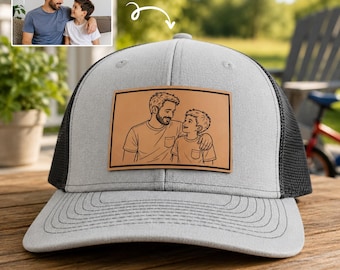 Custom Dad Hat with Kids, Personalized Father Trucker Hat, Dad With Kids Portrait Gift, Father’s Day Gift, Leather Patch Cap, New Dad Gift
