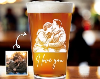 Custom Engraved Couple Photo Beer Glass, Personalized Anniversary Gift for Husband, Valentine's Day Gift for Boyfriend, Gift for Him