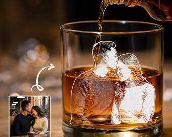 Custom Photo Couple Whiskey Glass, Personalized Lovers Portrait Engraved Rocks Glass, Anniversary Gift, Valentine's Day Gift for Him