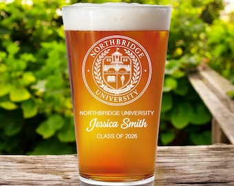 Custom College Logo Graduation Gift, Personalized University Logo Grad Gifts for Him, Class of 2026 Pint Glass, Custom PhD Graduation Gifts