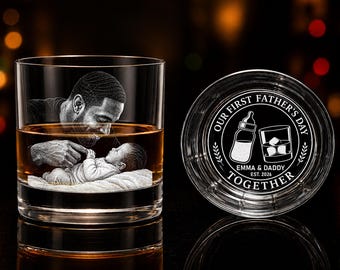 Vaso de whisky personalizado con foto grabada, regalo para recién nacido, regalo único para papá, regalos para papá primerizo, vaso de whisky para celebrar nuestro primer Día del Padre juntos.