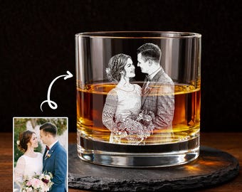 Custom Wedding Photo Etched Whiskey Glass, Personalized Portrait Rocks Glass, Anniversary Gift for Husband, Wedding Anniversary Gift