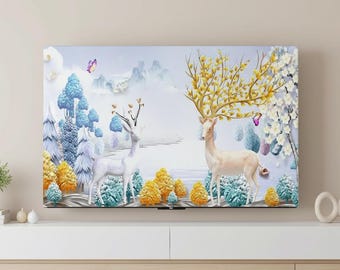 May include: A canvas art print featuring a serene landscape with two deer. The artwork showcases a forest with blue and yellow trees, butterflies, and a soft, pastel color palette. The deer have intricate antlers.