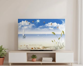 May include: A large, framed artwork depicting a serene beach scene with a sailboat, seagulls, and the text "Summer Time." The artwork features a blue sky, white clouds, and a sandy beach with seashells.