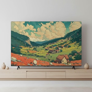 Peut inclure: Un écran de télévision affiche une peinture de paysage d'une vallée avec des maisons, des montagnes et des nuages. L'œuvre d'art utilise des couleurs chaudes comme l'orange, le vert et le bleu. La télévision est sur un meuble en bois clair, d'environ 150 cm de large.