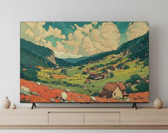 May include: A flat-screen television displays a colorful landscape painting of a valley with houses, mountains, and clouds. The artwork features a warm color palette with shades of orange, green, and blue. The TV is on a light wood cabinet.