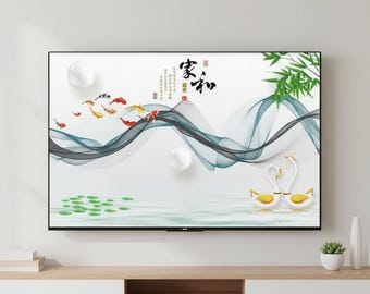 May include: A flat-screen TV displays a serene Asian-inspired scene. The artwork features koi fish, flowing teal and gray lines, white orbs, and two swan figurines. The image includes Chinese calligraphy and bamboo.