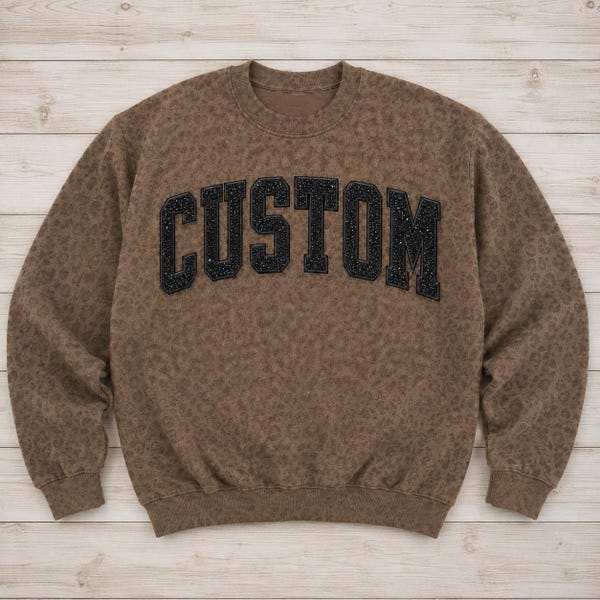 Custom Leopard Varsity Crewneck | Personalized School Spirit & Game Day Sweatshirt | Glitter Twill or Premium Twill | Team Hoodie