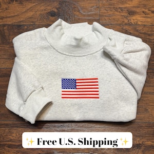 Embroidered American Flag Mock Neck Sweatshirt, Minimalist Americana Crewneck