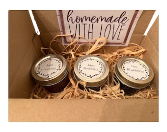 Caja de regalo de mermeladas caseras de fresa, mora y arándano, totalmente naturales, 3 x 4 oz