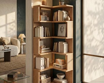 L Shaped Corner Bookshelf, Wooden Corner Bookcase, 5 Tier Storage Shelf, Space Saving Book Shelf, Modern Japandi Home Office