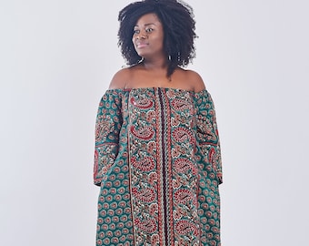 Vestido estampado de ankara de seda sin hombros