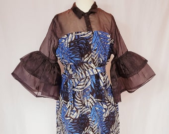 EJIRO Blue and Brown ankara-organza dress with trumpet sleeves