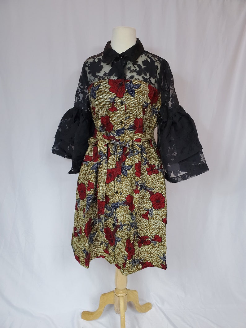 EJIRO Brown and black ankara-organza dress with trumpet sleeves image 1