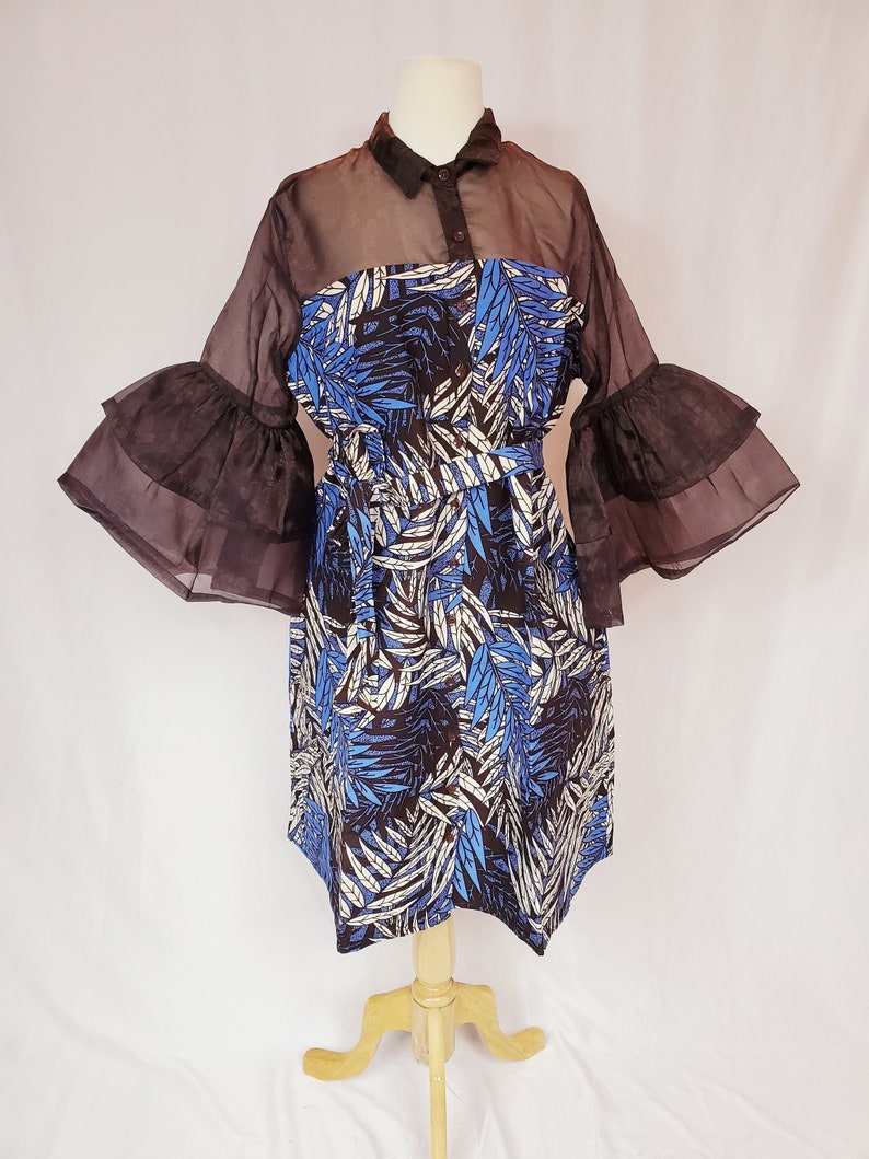 EJIRO Blue and Brown ankara-organza dress with trumpet sleeves image 1