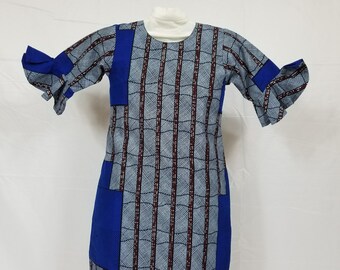 Blue and grey girl's ankara 3/4 sleeve dress