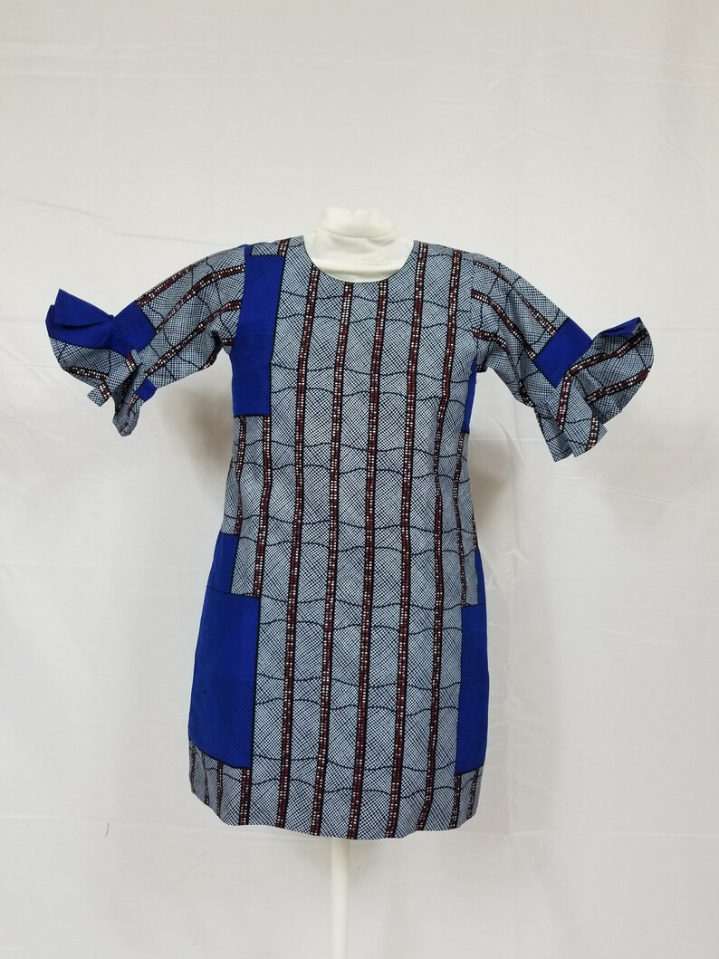 Blue and grey girl's ankara 3/4 sleeve dress image 1