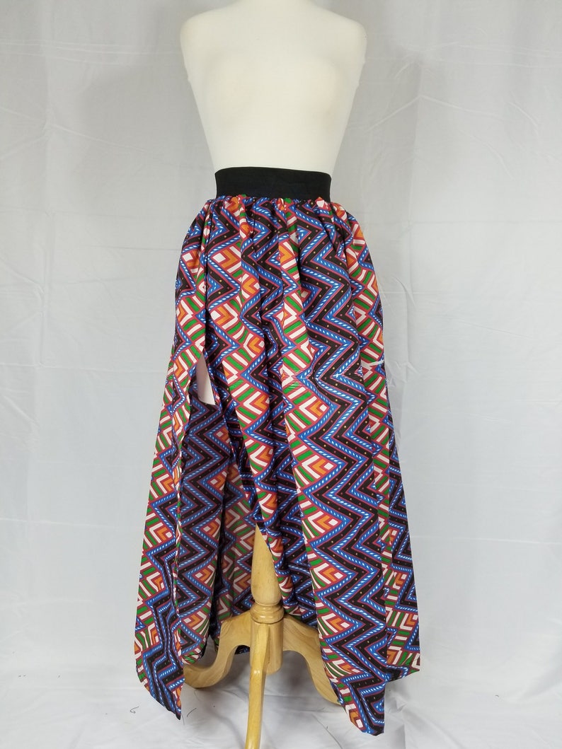 Ankara silk maxi skirt with slit Blue and orange zig-zag design image 1