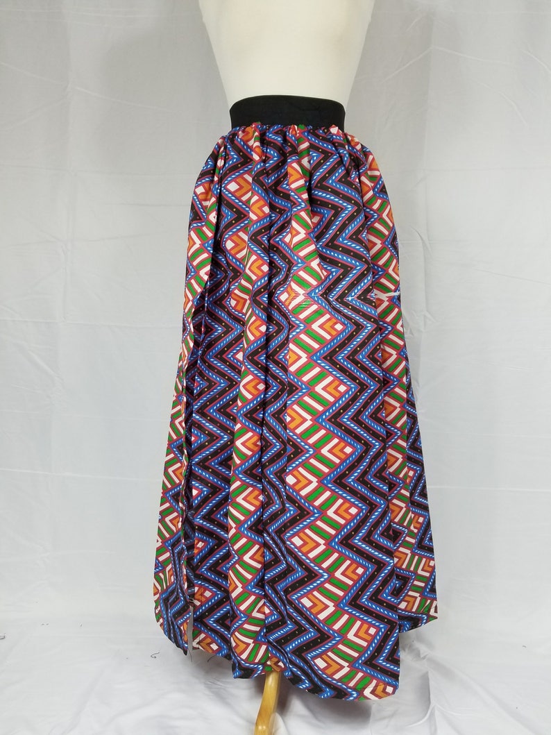 Ankara silk maxi skirt with slit Blue and orange zig-zag design image 2