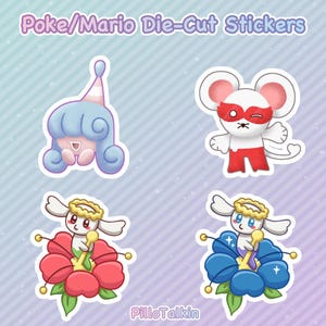 Puede incluir: Una hoja de pegatinas troqueladas con personajes de dibujos animados. Las pegatinas incluyen un personaje con pelo azul y un gorro de fiesta, un ratón con una máscara roja y dos personajes que sostienen llaves en diseños de flores. El texto "Poke/Mario Die-Cut Stickers" está en la parte superior.