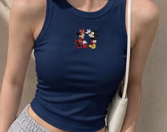 Mickey And Minnie Mouse Embroidered Ribber Tank Top, Disney Inspired Cute Summer Women’s Tank Top Shirt, Y2K Crop Top, Disney Gift for Her