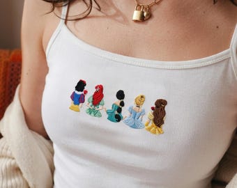 Débardeur broderie princesse Disney - Cendrillon blanche Ariel et jasmin blanche comme neige, haut d'été princesse Disney, cadeau mode Disney Y2K pour elle