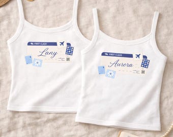 Camisetas de revelación de hermandad de primera clase // Camisetas con temática de viajes con boletos de avión, tops para revelar el destino de la hermandad // Camisetas sin mangas y camisetas lindas y modernas