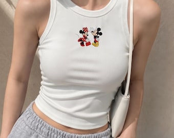 Mickey And Minnie Mouse Embroidered Ribber Tank Top, Disney Inspired Cute Summer Women’s Tank Top Shirt, Y2K Crop Top, Disney Gift for Her