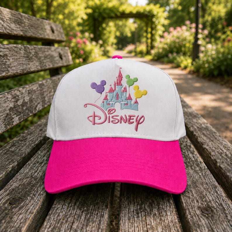 Puede incluir: Gorra de b&eacute;isbol blanca con visera rosa brillante. La gorra presenta un dise&ntilde;o bordado del castillo de Disney con globos morados, verdes y amarillos, y el logotipo de Disney en rosa.