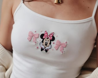 Débardeur brodé Minnie Mouse, caraco rose à fines bretelles, chemise Kawaii Disney pour femme, joli cadeau mode de l'an 2000 pour elle