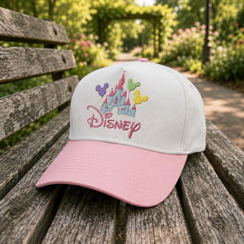 Puede incluir: Gorra de b&eacute;isbol blanca y rosa con el logotipo de Disney y un dise&ntilde;o de castillo con globos de colores. La gorra est&aacute; sobre un banco de madera en un parque. El sombrero tiene una visera rosa y una corona blanca.