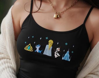 Embroidered Frozen Tank Top Women, Elsa Olaf Bruni Crown Ice Castle Slim Fit Cami, Cute Disney Inspired Summer Camisole Top Gift