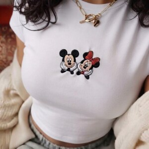 Embroidered Mickey and Minnie Mouse Baby Tee, Cute Disney Crop Top, Matching Shirt, Women’s Embroidered Graphic Top, Gift for Disney Lover image 2
