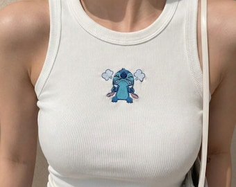 Embroidered Stitch Ribber Tank Top, Funny Disney Sleeveless Shirt for Women, Disneyland Trip Outfit, Cute Disney Lover Gift, Y2K Baby Tank