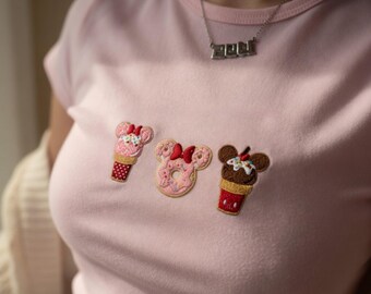 Embroidered Minnie Mouse Ice Cream Donut Cupcake Shirt, Disney Food Theme Crop Top, Cute Machine Embroidery T-Shirt, Disneyland Inspired Tee