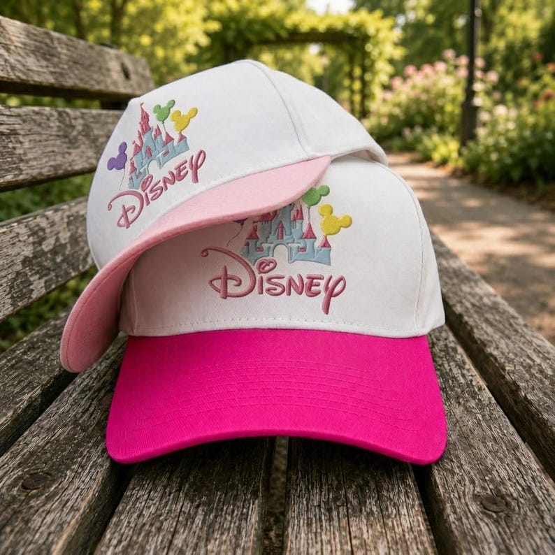 Puede incluir: Dos gorras de b&eacute;isbol blancas con viseras rosas y fucsias. Cada gorra presenta un dise&ntilde;o bordado del castillo de Disney con la palabra "Disney" en escritura rosa. Las gorras est&aacute;n apiladas en un banco de madera.